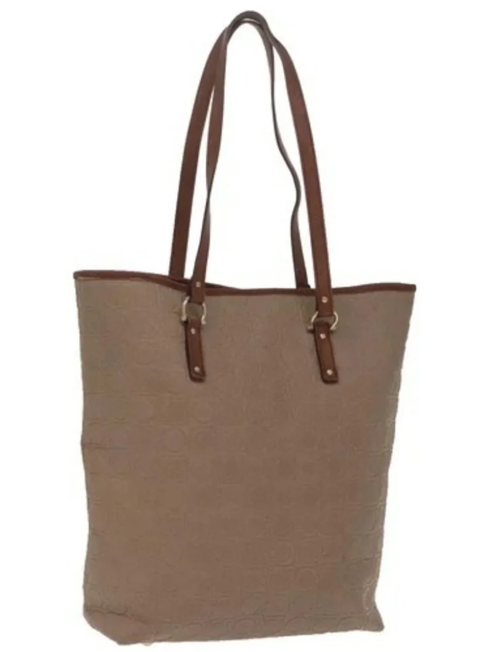 Salvatore Ferragamo Gancini Tote Bag PVCCanvas Brown Gold Auth bs19508